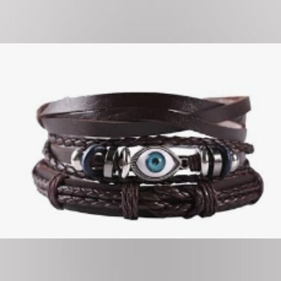 3pc leather bracelets set layered braided evil eye brown new e34 - Picture 1 of 1
